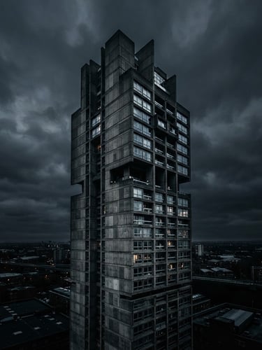 Low-key high-contrast drone shot of a brutalist concrete tower cutting into a dark slate sky, cold metallic reflections, anamorphic lens, matte charcoal tones.