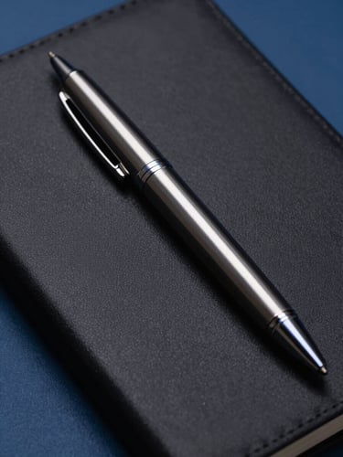 Macro shot of a premium custom-branded matte black notebook and sleek metal pen with crisp studio lighting and subtle electric blue reflections