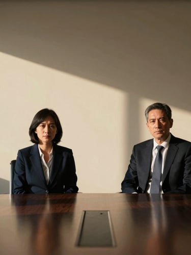 Low-key dramatic portrait of two corporate leaders in a minimalist cream-walled boardroom, sharp architectural shadows, warm ambient lighting.