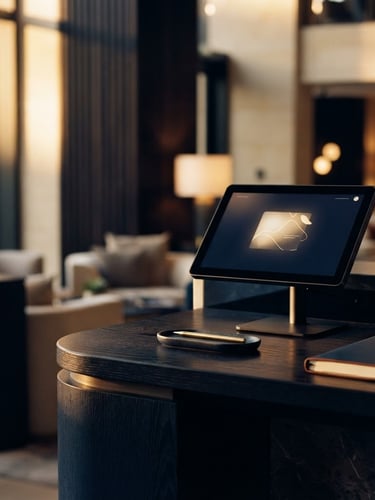 A tight, off-center architectural detail of a high-end hotel lobby desk with a sleek, minimalist digital interface screen, warm golden-hour lighting, deep navy shadows, editorial corporate style