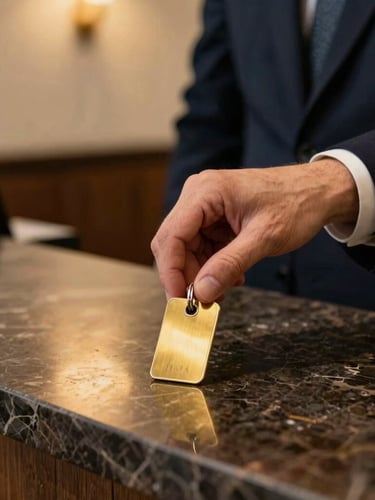 A close-up of a hand placing a polished brass keycard onto a dark marble reception desk, warm golden spotlighting, sharp focus on texture, editorial style.