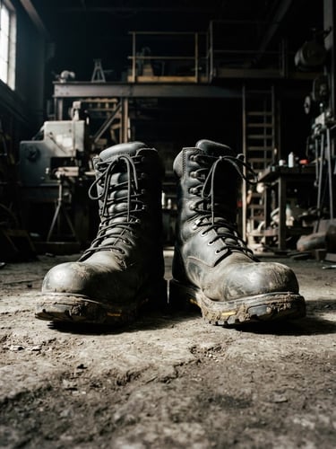 Low-angle heroic shot of certified heavy-duty industrial safety boots with steel toes on a concrete floor, high-contrast dramatic natural light, dark charcoal tones