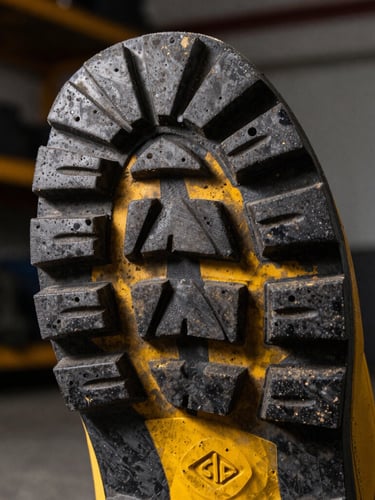 Macro close-up of heavy-duty safety boot sole showing deep tread pattern, industrial workshop background, high-contrast dramatic lighting, sharp focus