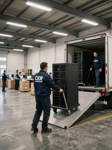 Wide panoramic view from inside a corporate office building loading bay, uniformed logistics team in branded jackets wheeling labeled server rack cases toward an open cargo truck rear ramp, natural overhead warehouse lighting, concrete floors, organized rows of boxed workstations visible in background, shot from left angle showing depth of operation