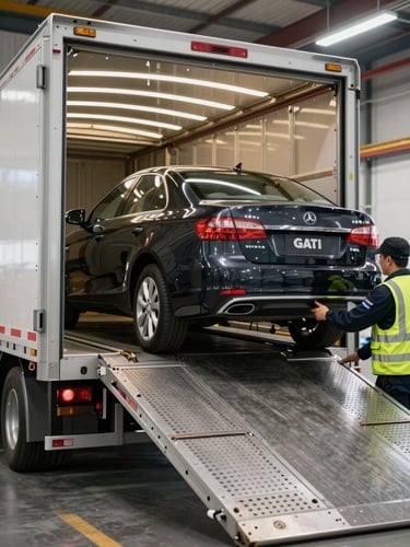 Close-up wide shot of an enclosed car carrier trailer with its rear ramp lowered, a dark sedan being guided up by a uniformed GATI crew member in a high-visibility vest, warehouse bay lighting from above, sharp detail on the ramp mechanism and vehicle tyres, no people's faces visible — focus on the operational process