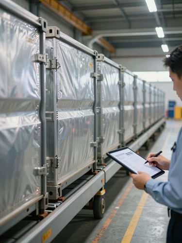 Close-up environmental shot inside a freight cargo terminal, rows of sealed aluminium air-freight containers on roller conveyors under bright white industrial lighting, a logistics supervisor in uniform reviewing a digital manifest on a tablet, clean floor markings visible, shallow depth of field on the containers