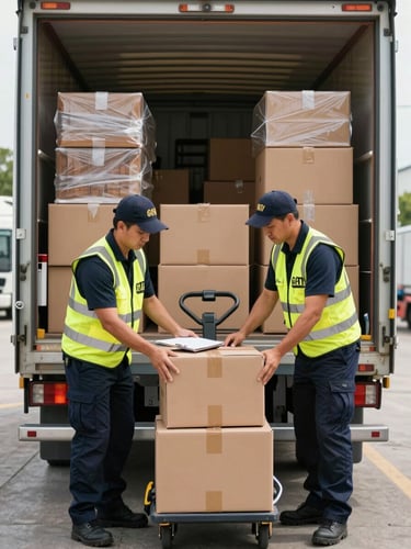 Wide environmental shot, natural daylight flooding a moving truck's open rear, two uniformed GATI crew members in branded high-visibility vests methodically stacking sealed cardboard boxes onto a hand truck at the loading dock, clipboard visible on the truck floor, organized rows of wrapped furniture behind them, sharp depth of field pulling focus to the nearest worker's hands securing a box with brown tape