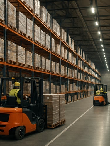 Wide interior of a large organized logistics warehouse, uniformed workers in high-vis vests moving palletized cargo on forklifts, overhead industrial lighting illuminating stacked shelving units extending deep into the frame, CCTV cameras visible in upper corners, clean concrete floor with painted lane markings, shot from a low wide angle to emphasize scale and operational order