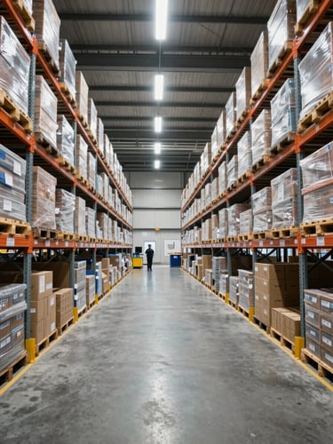 Wide panoramic interior of a large organized logistics warehouse, shot from floor level looking down a long aisle, tall steel racking systems loaded with labeled pallets and shrink-wrapped boxes extending to the far wall, bright LED overhead lighting casting clean white light on the concrete floor, a uniformed security guard visible mid-distance at a monitoring station, no people posed — purely operational infrastructure at scale