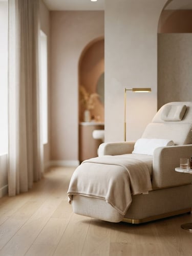 Elegant, minimalist studio interior with soft, diffused window light, a plush beige treatment chair in the right third, and subtle gold accents. Uncrowded, serene atmosphere.