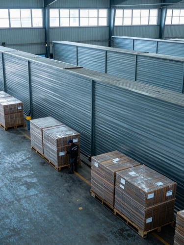 High-angle wide shot of active warehouse operations, cool natural daylight filtering through high windows, steel blue palette, unposed workers organizing freight, sharp focus, 35mm