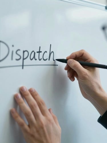 A close-up of hands writing on a whiteboard, analyzing dispatch schedules under cool daylight, desaturated blue tones, sharp focus, 35mm.