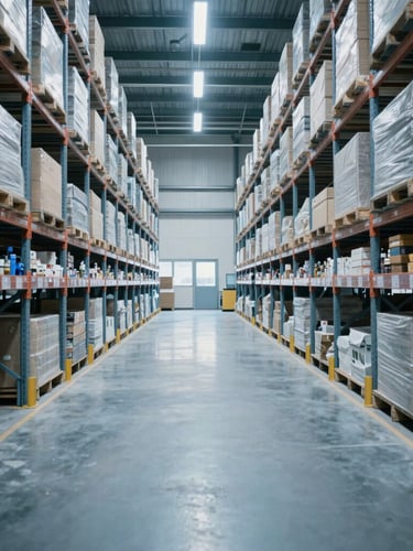 Wide shot of a clean, structured warehouse floor with industrial overhead lighting, steel shelves, desaturated blue tones, 35mm.