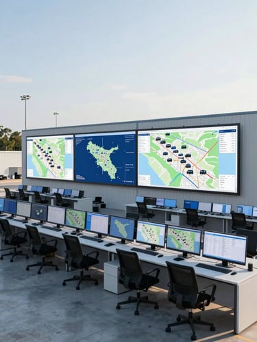 Wide shot of a modern logistics dispatch center in Augusta, GA, with large screens displaying regional maps and fleet movements, crisp corporate photography, bright morning daylight, clean industrial tones, wide-angle lens