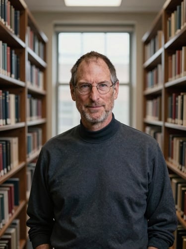 A candid medium-close portrait of Dr. Charles Jobs in his university office, surrounded by floor-to-ceiling bookshelves, soft natural window light, scholarly tones, 35mm editorial style.
