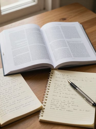 Overhead flat-lay of open academic journals, handwritten research notes on yellowed paper, and a fountain pen on a warm oak desk, soft natural window light, 35mm