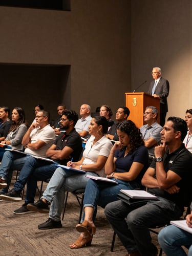 Environmental wide shot of a public lecture in session at an institutional venue in Puerto Rico, audience members in mid-shot taking notes or leaning forward in genuine concentration, warm practical stage lighting illuminating the presenter at a podium, dark background with soft ambient glow