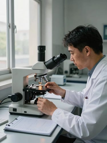 Documentary wide shot of a researcher at a microscopy station in an institutional lab, natural daylight filtering through frosted windows on the left, hands adjusting the focus dial, lab notebook open beside the instrument, warm ambient light on the work surface