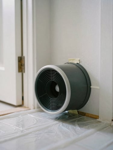 Close-up of a negative-air machine duct taped to a doorway, sealing off a bathroom renovation site, clean plastic sheeting covering the floor, soft natural daylight, desaturated charcoal and white tones, sharp focus, 35mm