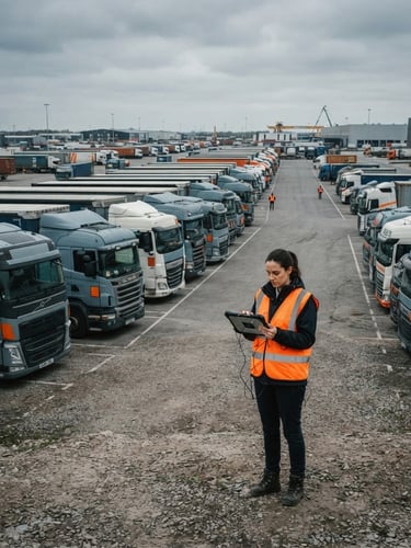 Wide shot of a modern logistics fleet parked in a large industrial yard under an overcast sky, a consultant in a high-vis vest reviewing a tablet, desaturated steel and safety orange tones, 35mm lens, low horizon.