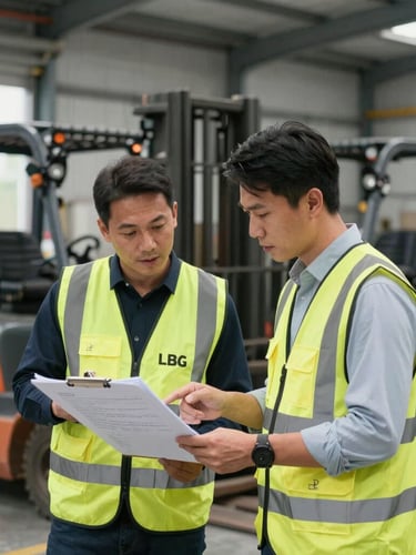 Medium shot of two LBG consultants in high-vis vests, one pointing to a blueprint on a clipboard, the other listening intently, inside a busy industrial warehouse with forklifts in the background, natural indoor lighting.