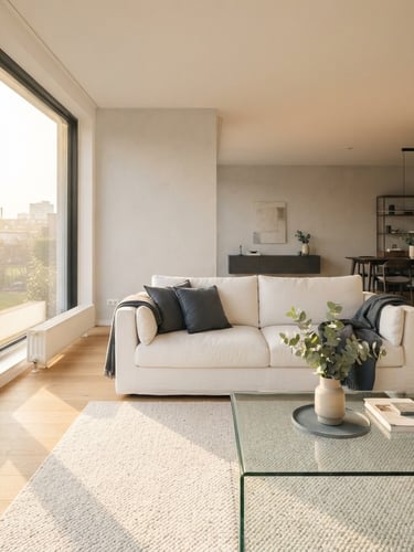 Sun-drenched minimalist living room, pristine white sofa, large window with golden hour light streaming in, deep slate grey accents, clean glass coffee table with sharp reflections, wide environmental shot.