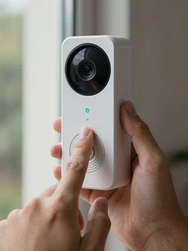 Close-up of hands holding a smart doorbell camera, fingers pointing to the power port and indicator lights, natural indoor light from a window, showing the physical details of setup.