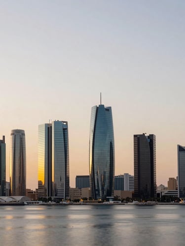 Wide shot of Muscat modern business district skyline at golden hour, architectural glass facades reflecting warm light, clean composition with negative space.