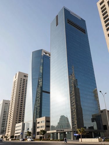 Wide-angle architectural view of Al Mouj Muscat business district under bright Arabian daylight, modern glass facades, clean negative space on the left, high-end editorial framing.