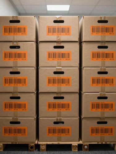 Straight-on eye-level view of neatly labeled moving crates stacked in an office hallway, crisp bright lighting, sharp focus on orange tracking barcodes.