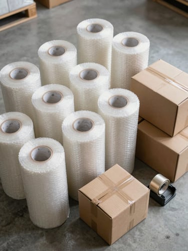 Top-down knolling of professional packing materials. Perfectly organized rolls of heavy-duty bubble wrap, brown packing tape, custom double-wall corrugated cardboard boxes, and a metal tape dispenser on a clean concrete floor under bright warehouse lighting.
