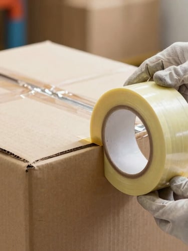Close-up of professional hands in clean work gloves applying thick, heavy-duty packing tape to the reinforced corners of a double-wall corrugated cardboard box. Bright, high-daylight warehouse setting.
