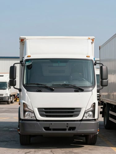 Clean modern moving truck parked squarely inside a logistics yard, bright daylight, straight-on framing showing structural order.
