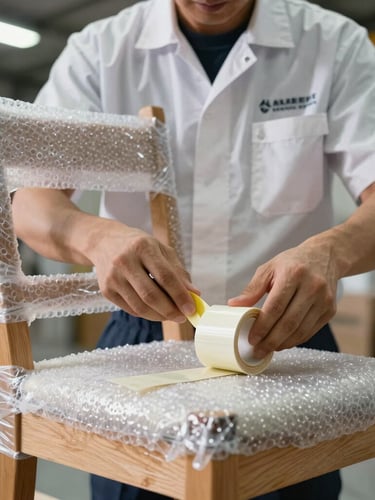 Straight-on close-up of a professional crew member in a clean uniform wrapping a fragile wooden chair with heavy-duty bubble wrap and securing it with thick tape, bright warehouse lighting, high-contrast details.