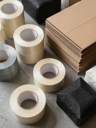 Top-down organized layout of heavy-duty packing materials, including rolls of thick tape, double-wall corrugated cardboard sheets, and custom padding, bright crisp warehouse lighting.