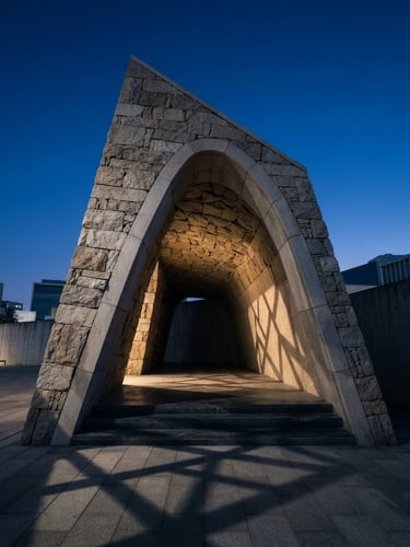 Low angle architectural shot of a modern stone archway casting geometric shadows under a crisp blue hour sky, sharp focus, 35mm
