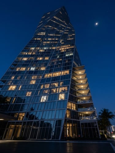 Low-angle architectural photograph of a modern glass skyscraper facade in Sunny Isles Beach during the blue hour, deep navy shadows, sharp focus, 35mm
