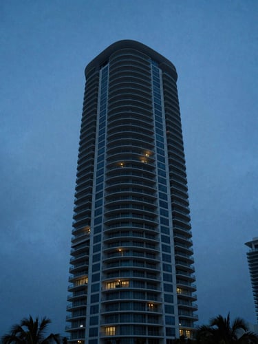 Low-angle architectural shot of a luxury high-rise tower in Sunny Isles Beach against a deep blue twilight sky, ocean mist, cinematic lighting, 35mm