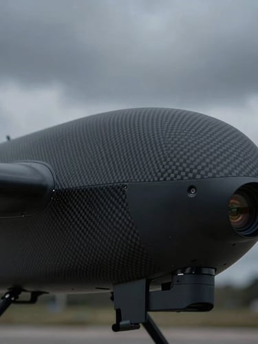 Macro detail shot of a matte black carbon-fiber UAV airframe joint and optical sensor payload, low-key high-contrast laboratory lighting, sharp technical detail, 50mm.