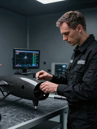 A Romanian aerospace engineer in a matte black uniform analyzing carbon-fiber UAV airframe telemetry in a dark, cool-toned laboratory