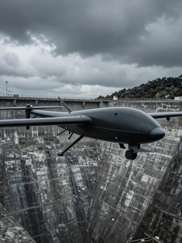 Wide environmental tracking shot of a carbon-fiber UAV airframe flying over a massive concrete hydroelectric dam, heavy overcast sky, dramatic low-key lighting, cool slate tones.