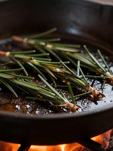 Macro extreme close-up of a cast-iron pan glistening with oil over glowing orange embers, charred rosemary sprigs, moody low-key lighting