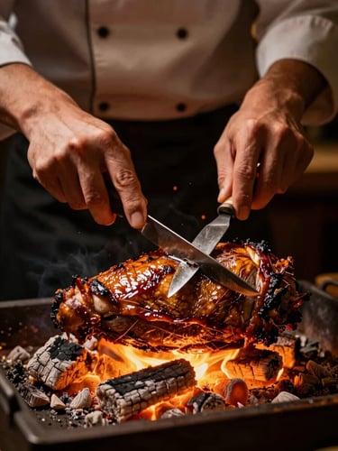 High-contrast portrait of a chef's hands carving roasted meat over glowing hearth embers, warm side lighting, deep shadows
