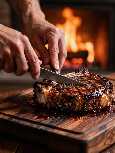 Moody editorial close-up of hands carving a fire-roasted ribeye on a dark wooden block, glistening juices, warm side-lighting from the hearth, deep shadows, 35mm