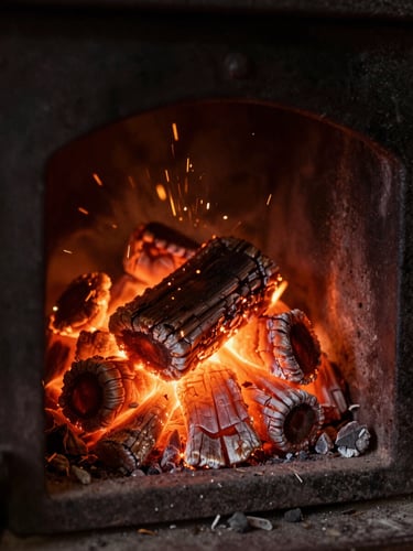 Moody close-up of dry cherrywood embers glowing inside a dark cast-iron hearth, warm orange sparks, deep charcoal shadows, 35mm editorial food photography.