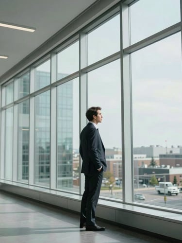 Wide environmental shot of a modern Canadian architectural office, a professional broker looking out of a large window in crisp natural daylight, cool clean undertones.