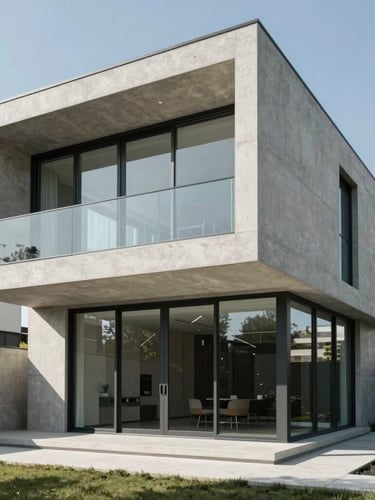 A crisp, high-value modern architectural home with sharp concrete and glass lines, captured in bright natural daylight with cool undertones.