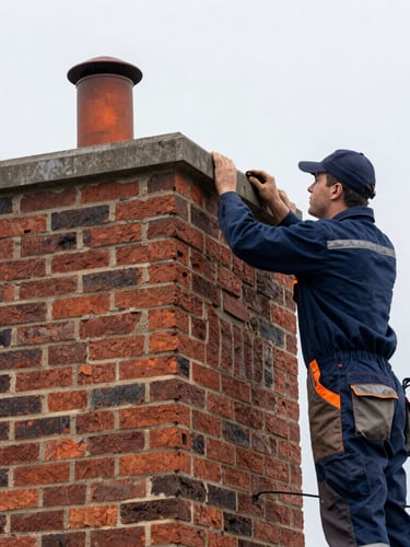 Avon-local chimney crew member in work attire inspecting a brick chimney exterior against a New England sky, natural overcast daylight, focused and professional, 35mm lens