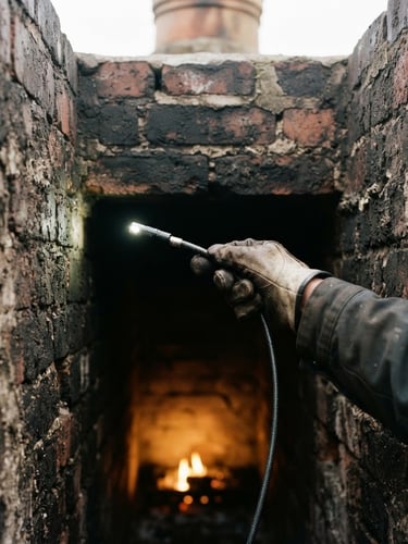 Close-up of a chimney sweep using a modern diagnostic camera inside a flue, warm ember glow from a hearth below, natural overcast daylight, rich textures, sharp detail, 35mm lens