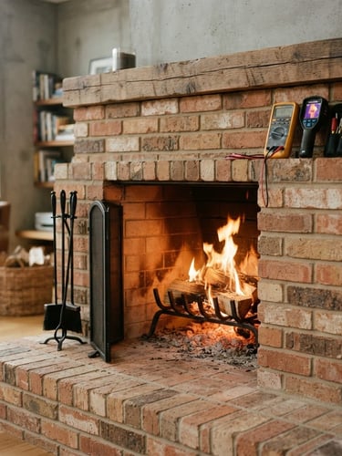Clean, glowing brick hearth with warm fire, modern diagnostic tools resting nearby, natural overcast daylight, editorial masonry photography